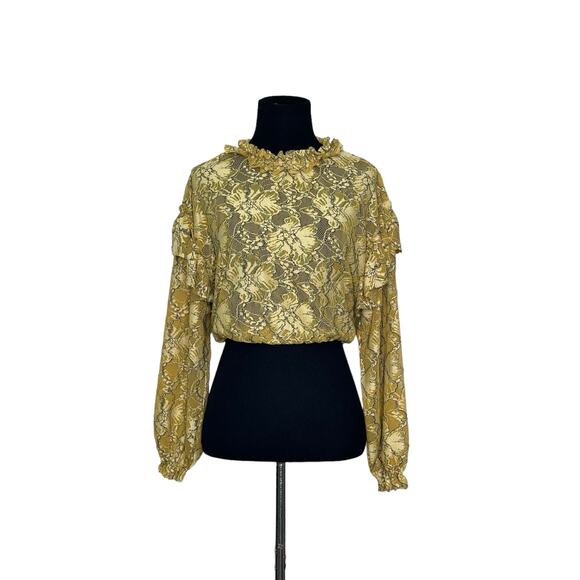 Zara yellow mustard floral lace long sleeves crop top size S - Picture 8 of 8